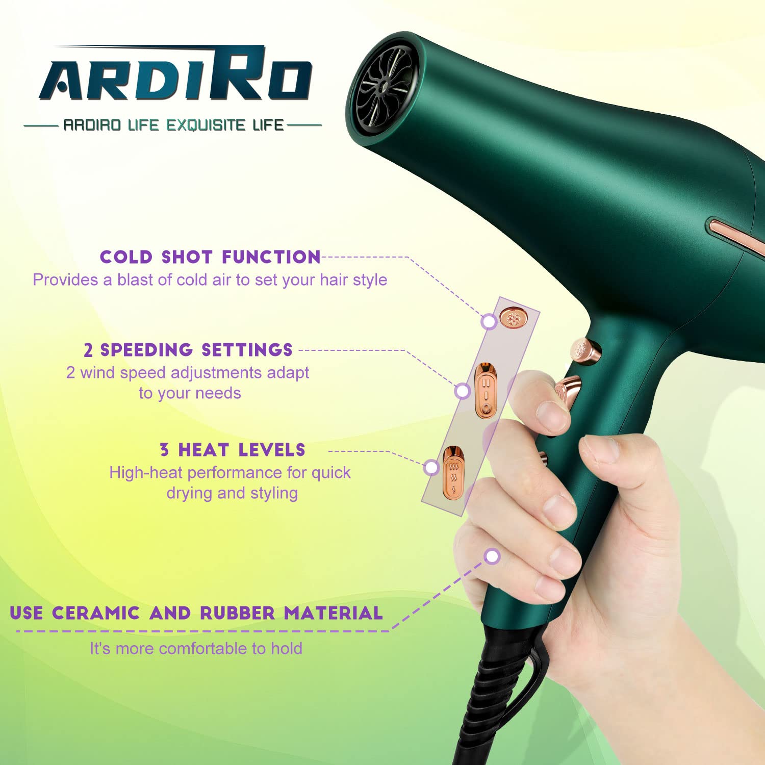 ARDIRO 2000W hair dryer cool shot button in action.