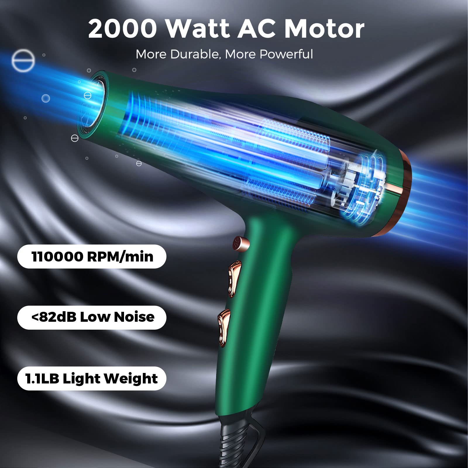 ARDIRO 2000W hair dryer side view with long cord enables flexible styling.