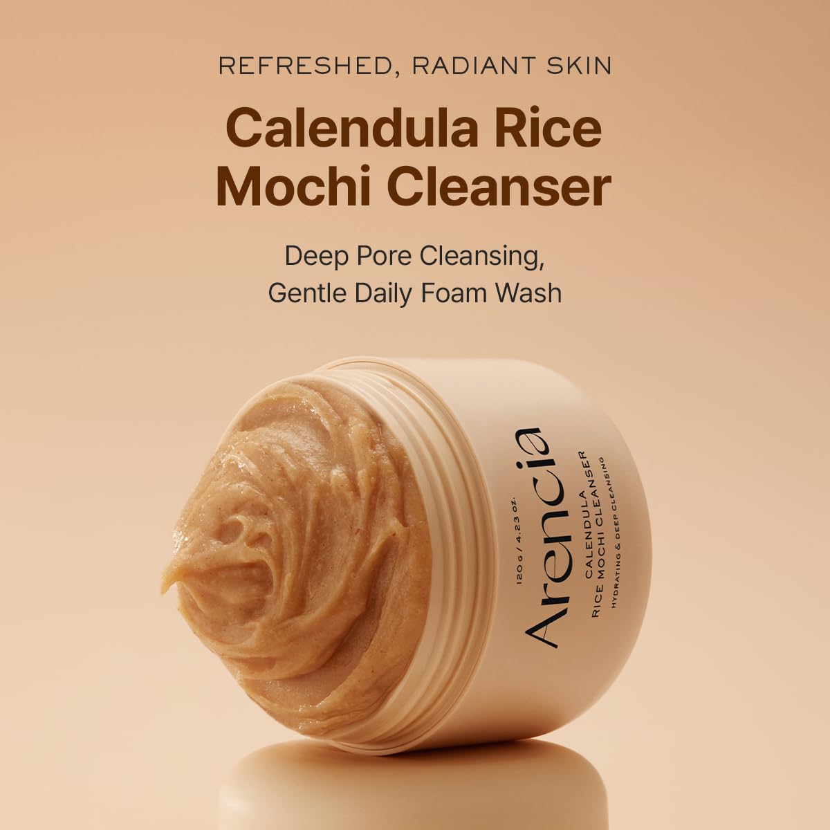 ARENCIA Calendula Rice Mochi: textura cremosa que deja la piel limpia y cómoda.