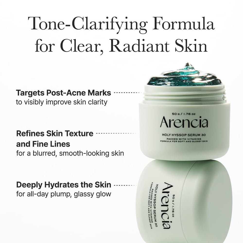 ARENCIA Glow Hyssop serum texture applied on skin demonstrates glow boost