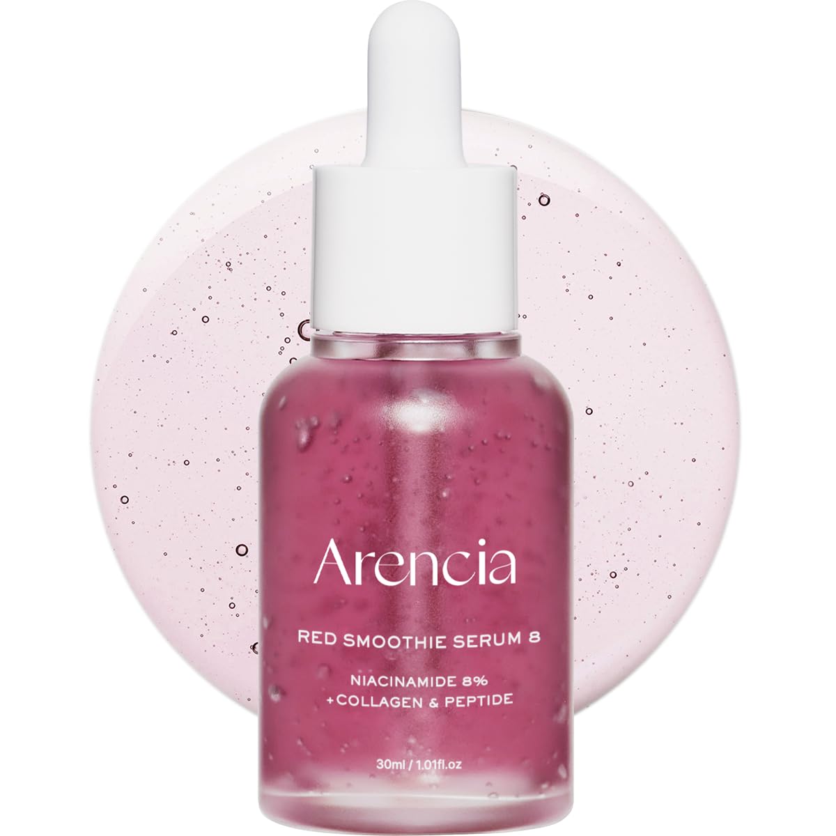 ARENCIA Red Collagen + Peptide Serum, bote visible, ayuda a suavizar la textura de la piel.
