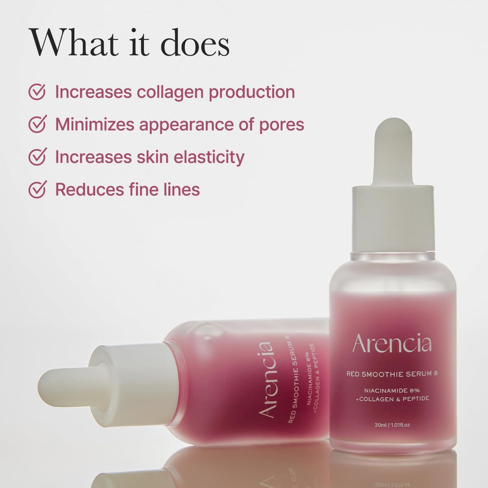 ARENCIA Red Collagen + Peptide Serum, textura sedosa en primer plano.