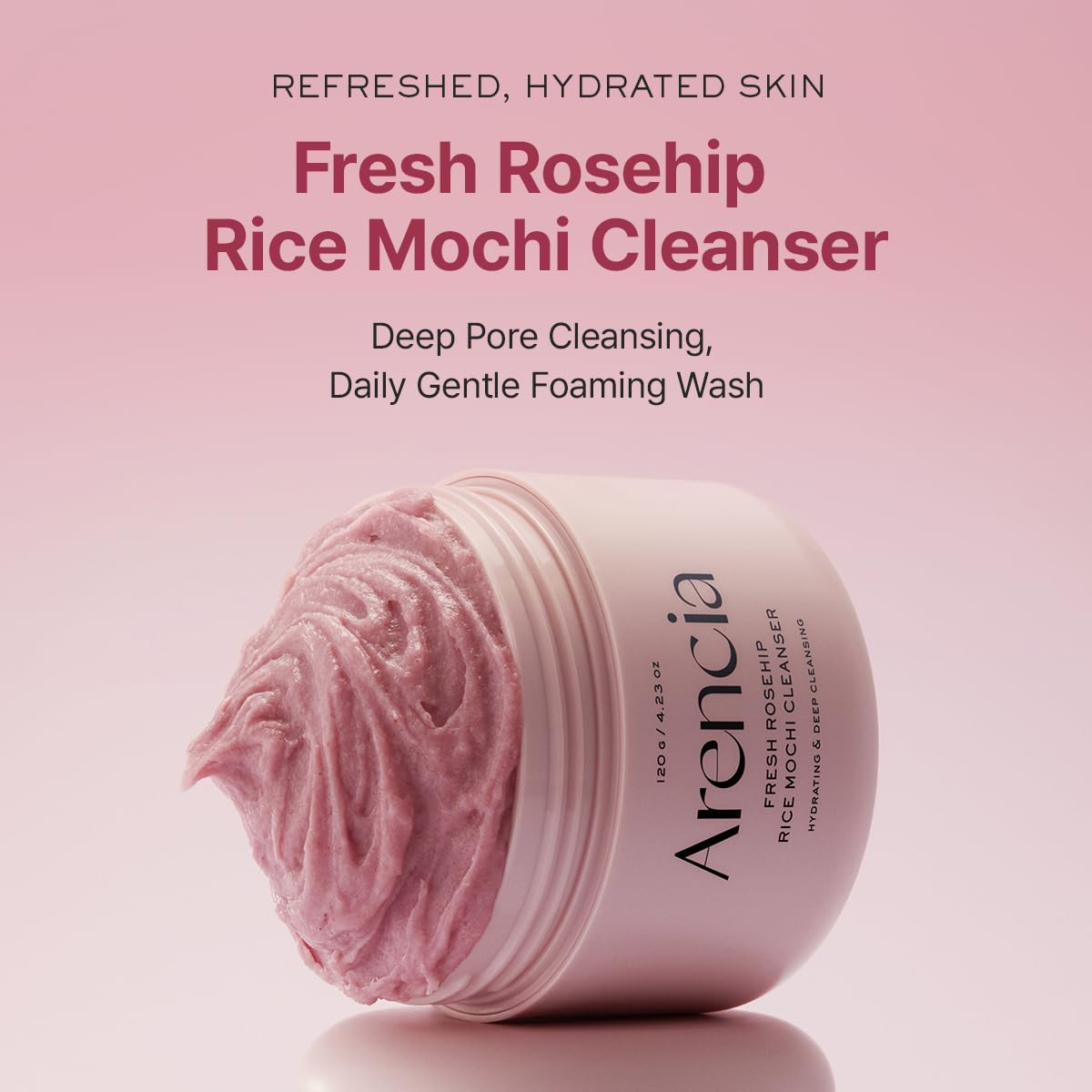 Arencia Rosehip textura mochi de arroz para exfoliación suave.