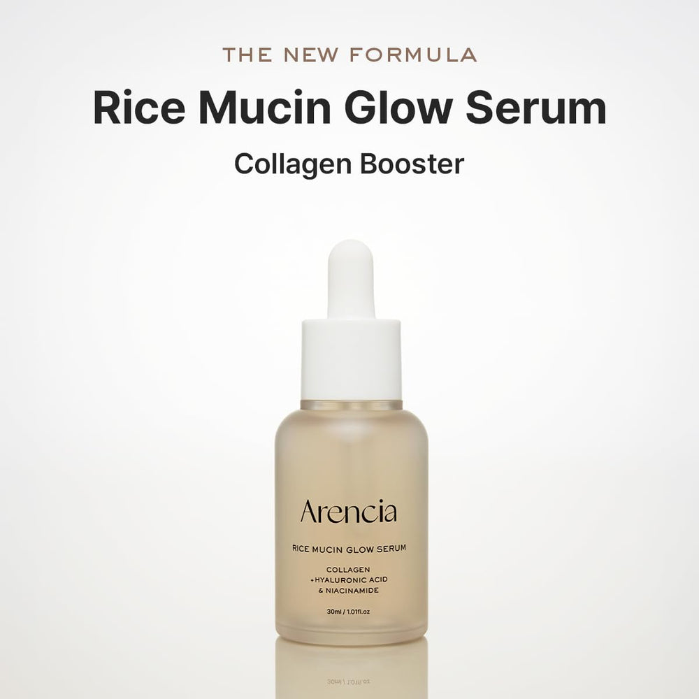 Arencia Rice Mucin Glow Serum, aplicación gota, hidratación duradera para la piel.