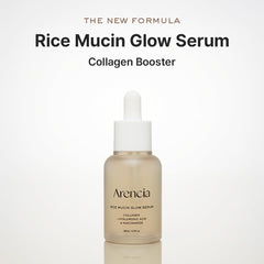 Arencia Rice Mucin Glow Serum, aplicación gota, hidratación duradera para la piel.