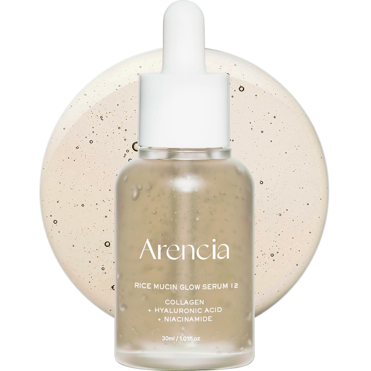 Arencia Rice Mucin Glow Serum, botella brillante, ideal para un brillo natural y suave.