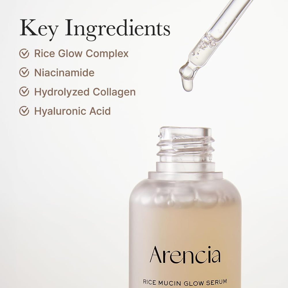 Arencia Rice Mucin Glow Serum, textura cremosa, rápida absorción para rutina diaria.