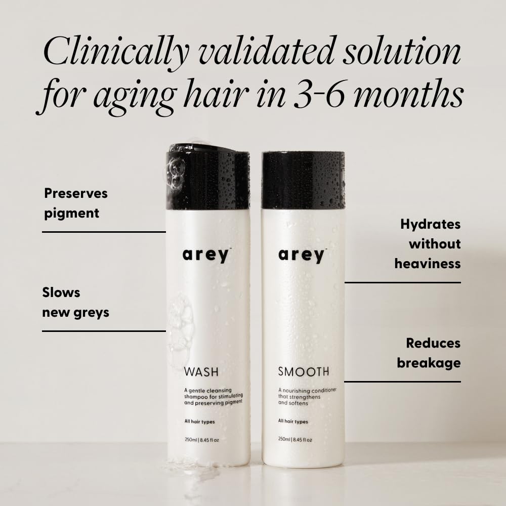 Arey Shower Duo smooth conditioner bottle highlighting hydration for smoother hair.