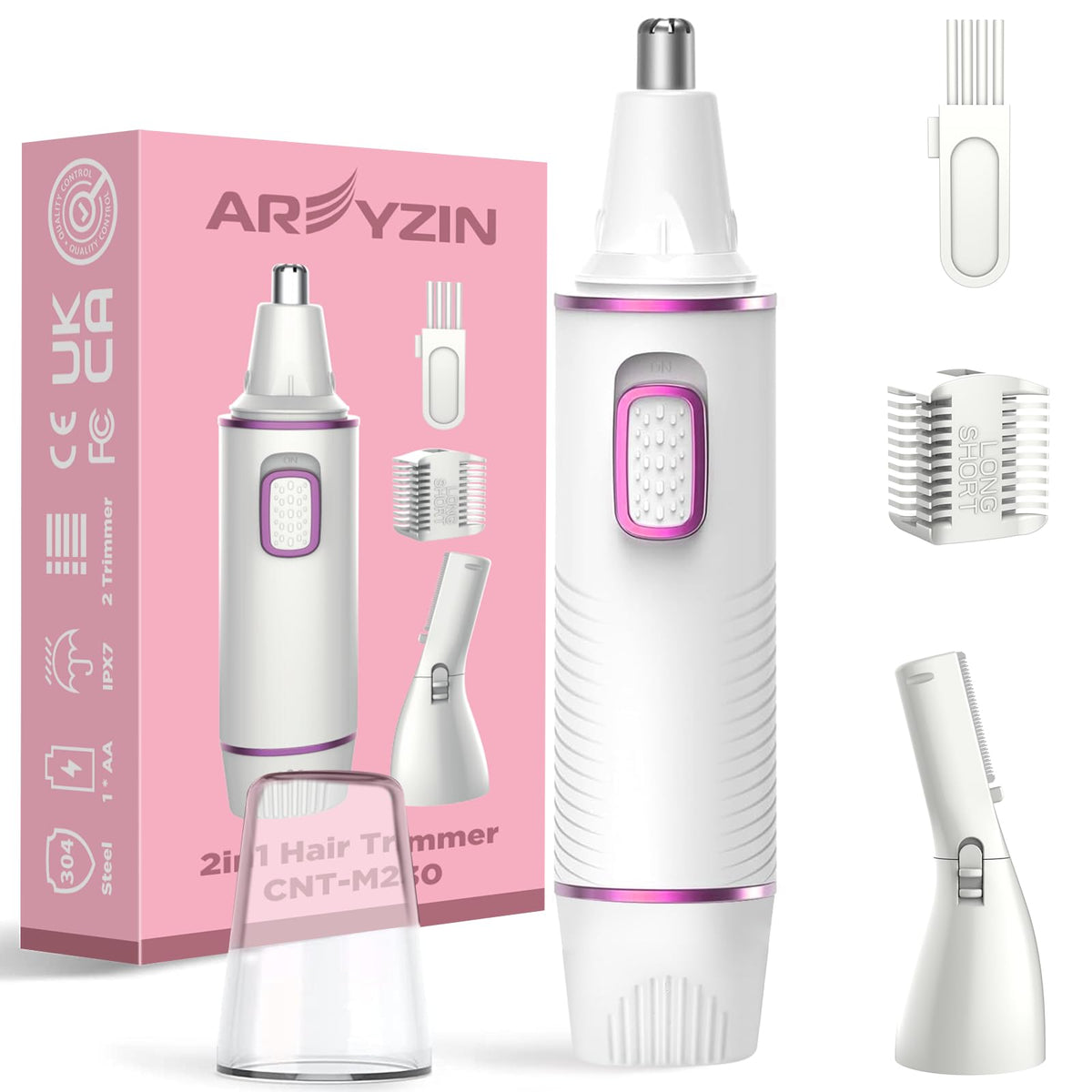 AREYZIN nose-hair trimmer white front view, ideal for on-the-go grooming.