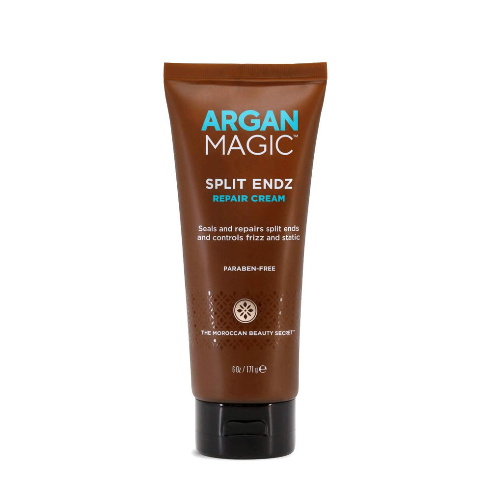 Argan Magic Split Endz Cream, envase detallado y diseño que sugiere cuidado profesional.