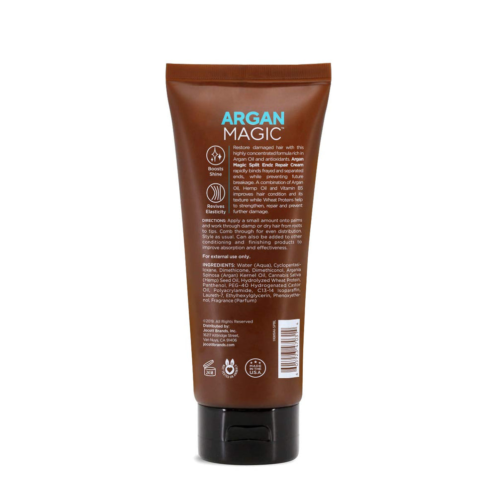 Argan Magic Split Endz Cream, enfoque en puntas, mejora elasticidad y controla el encrespamiento.