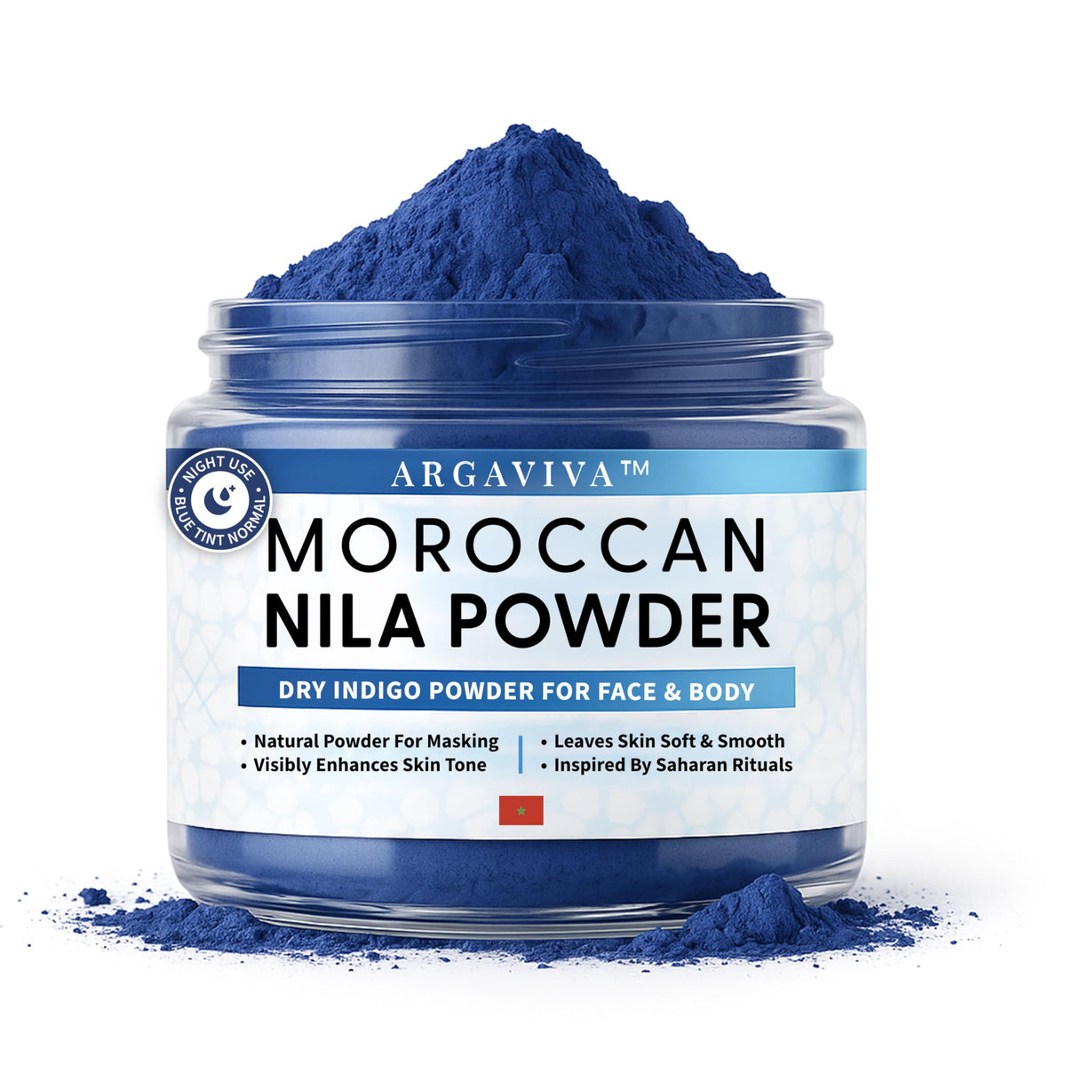 Argaviva polvo nila envase: polvo suave para rostro y cuerpo, ideal para rituales de brillo.