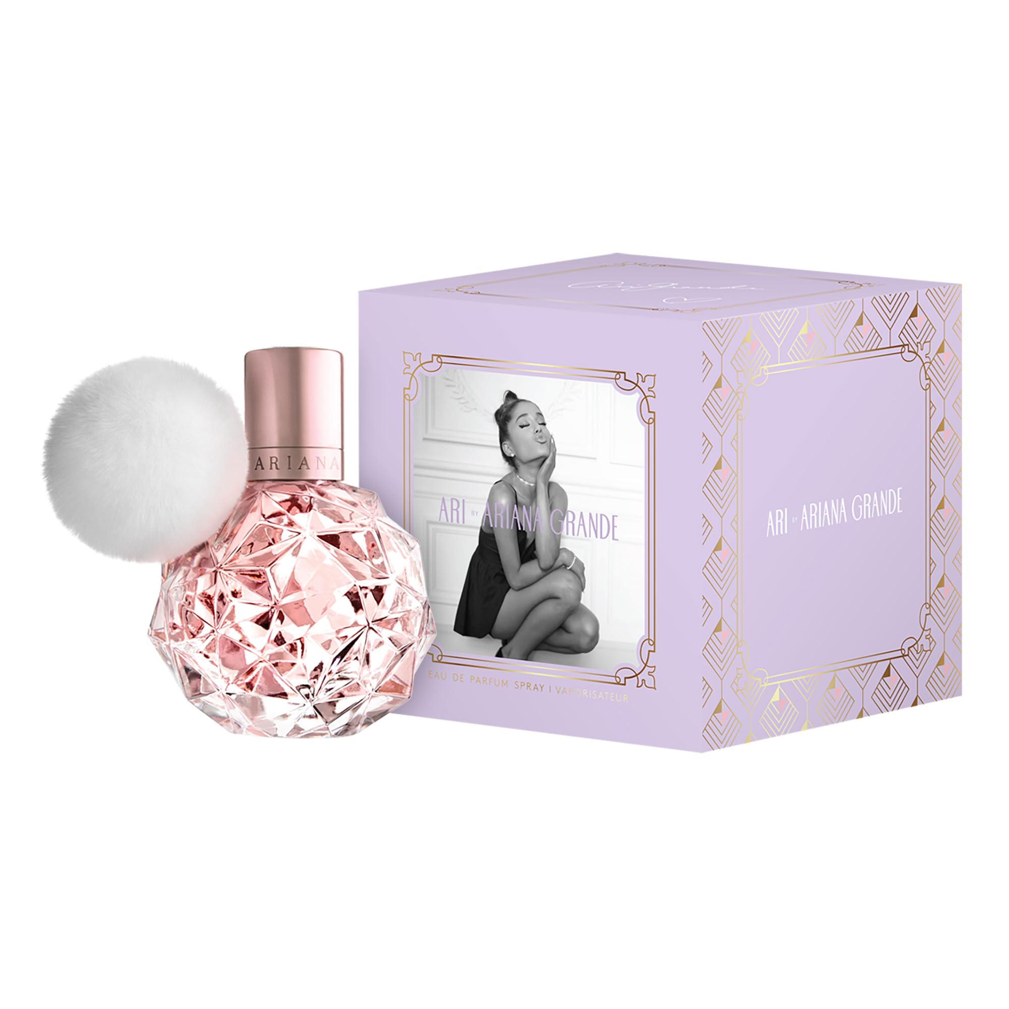 Ari by Ariana Grande bottle with plush white pom-pom signaling playful style
