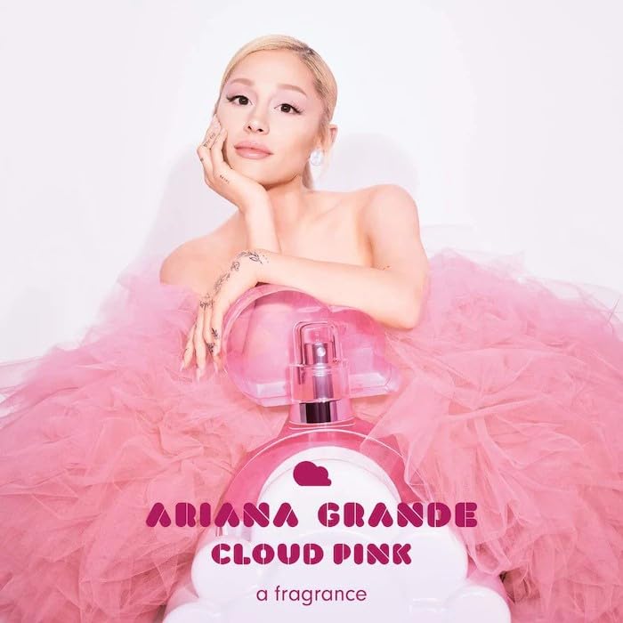 Ariana Grande Cloud Pink amber woods base delivers warm, lasting vibe.