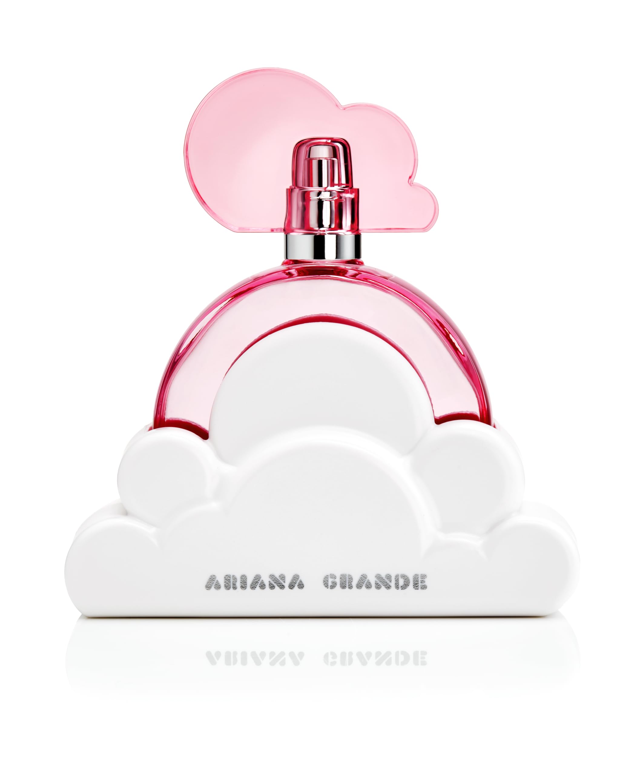 A close-up of Ariana Grande Cloud Pink bottle with a soft pink glow for long-lasting wear