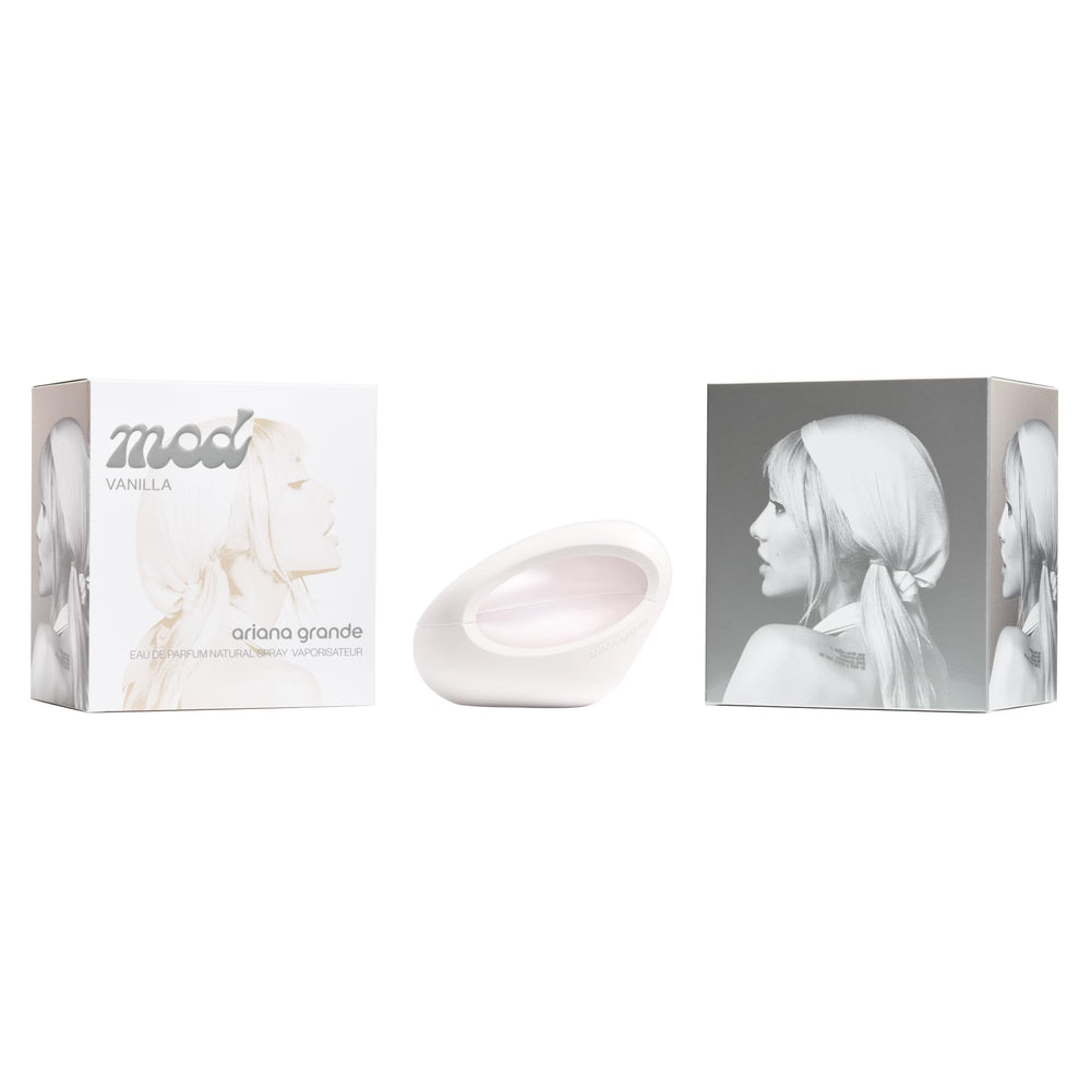 Ariana Grande MOD Vanilla bottle close-up highlights vanilla and cocoa warmth for evenings.