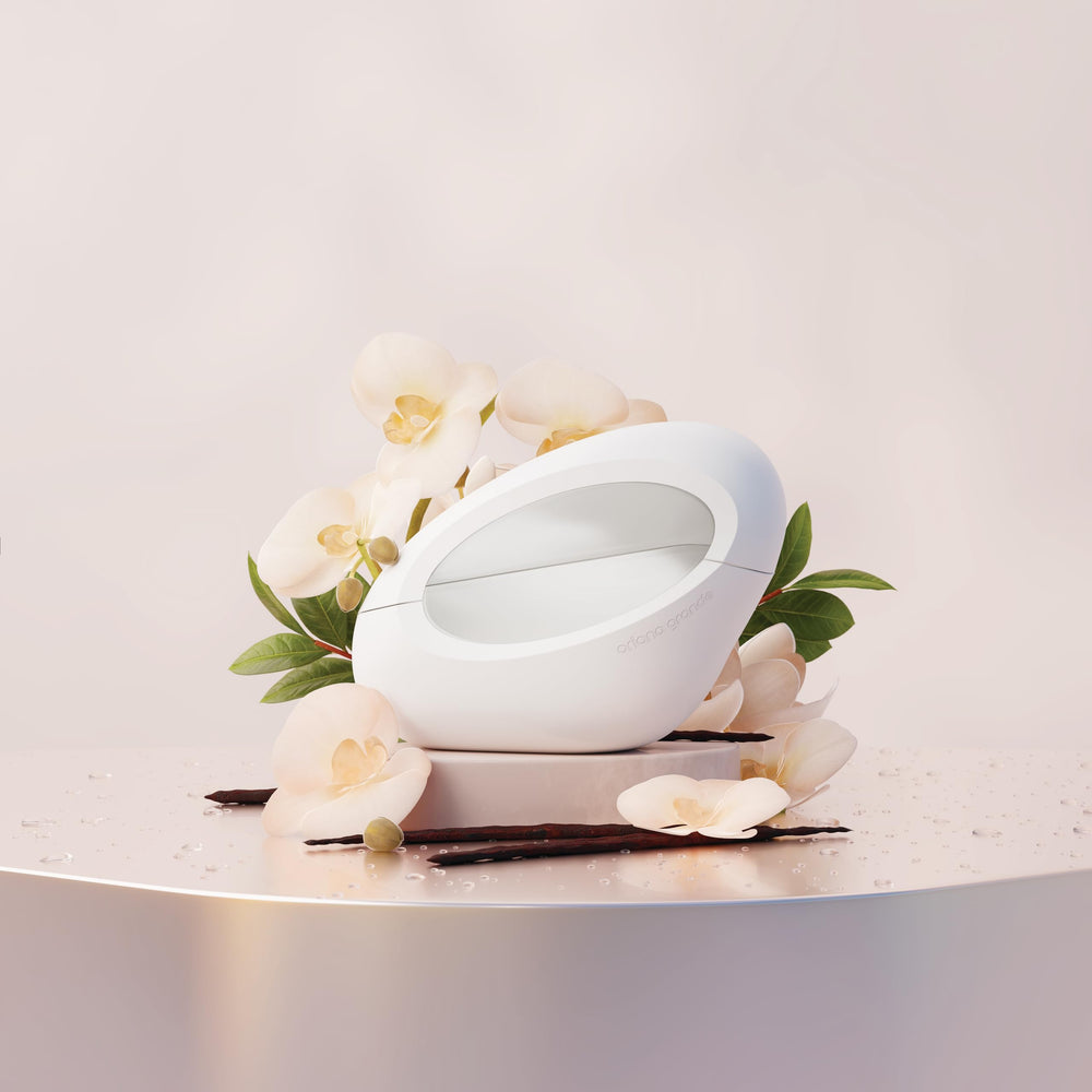 Ariana Grande MOD Vanilla packaging display showcases cruelty-free vegan fragrance appeal.