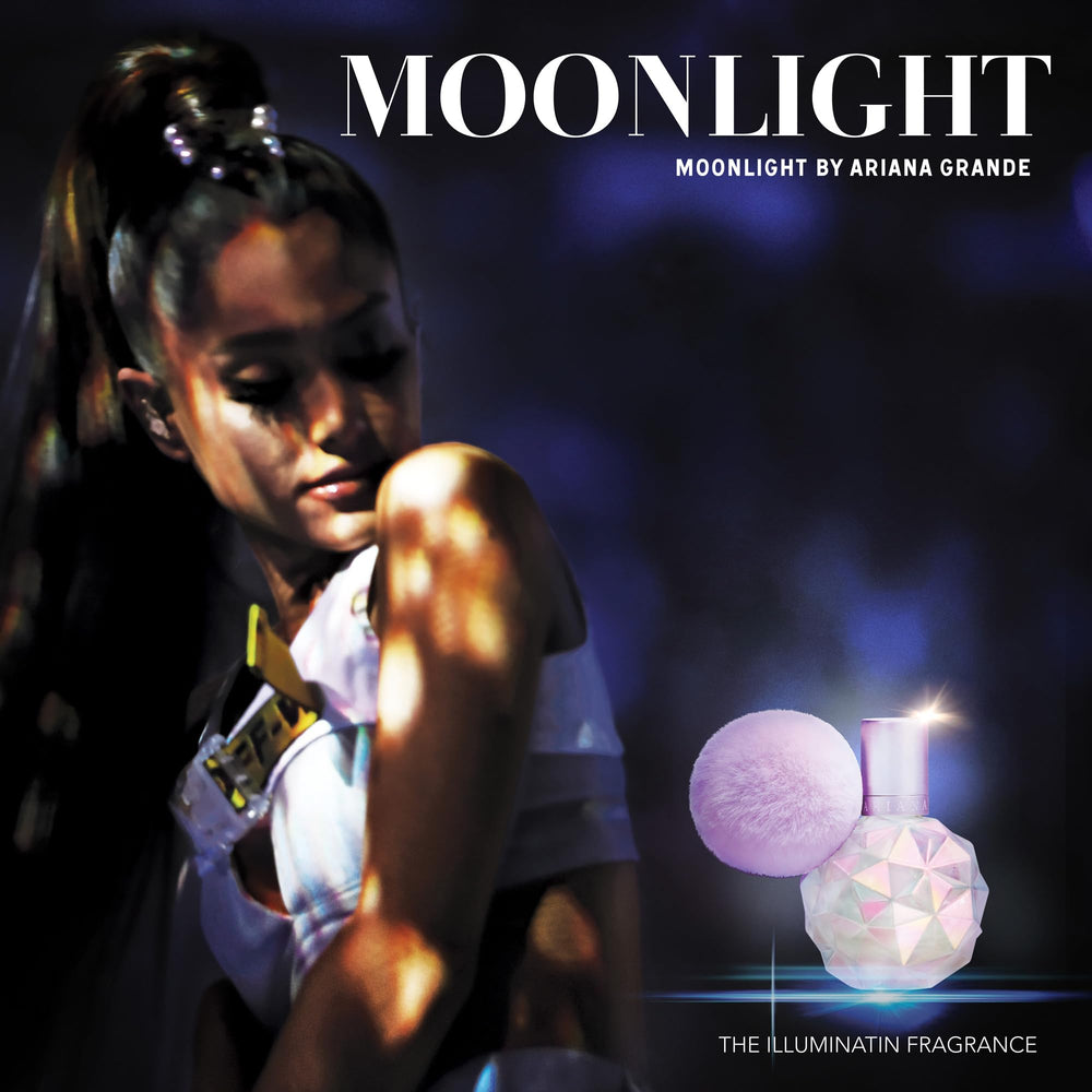 Ariana Grande Moonlight bottle closeup highlighting creamy sandalwood and vanilla notes for evening allure