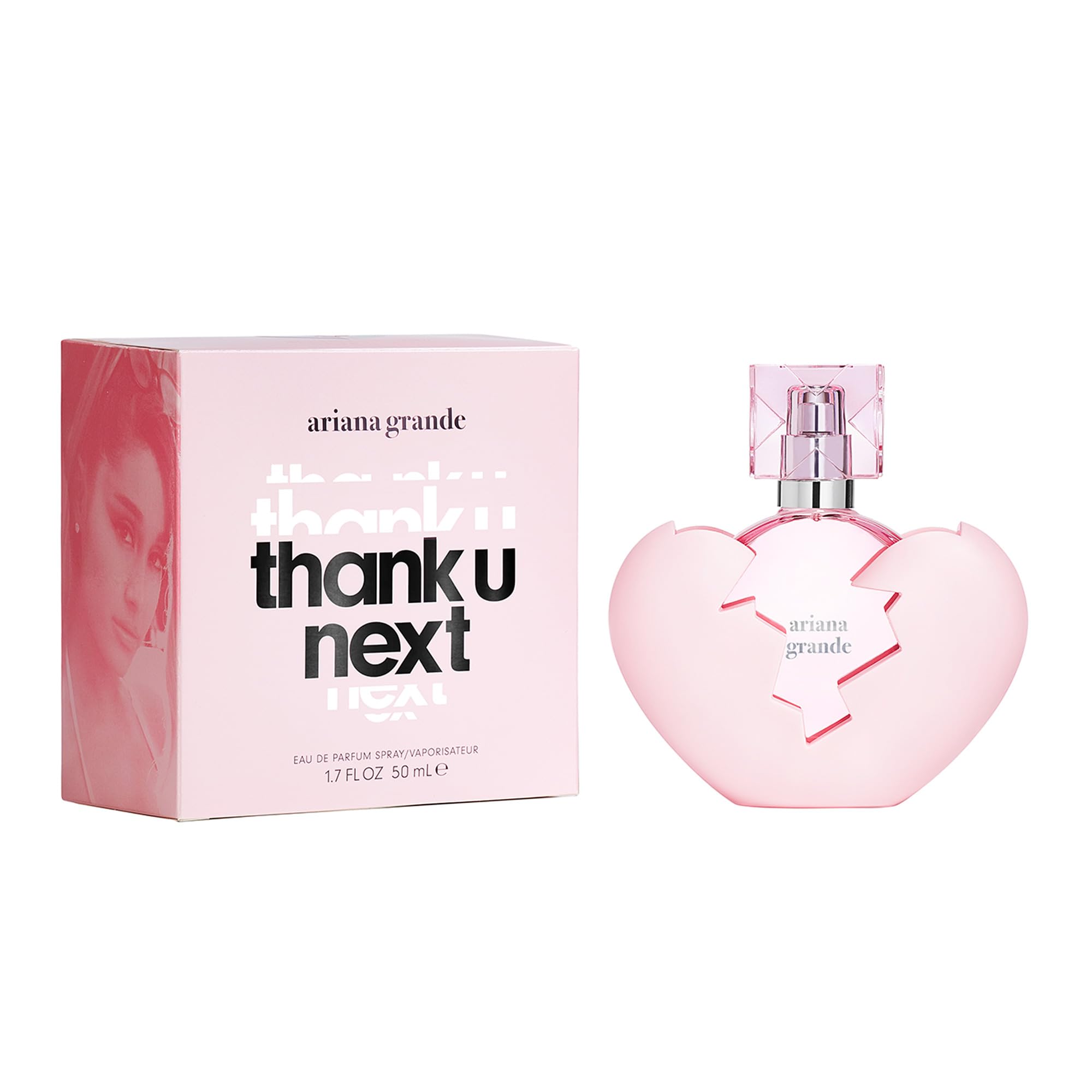 Ariana Grande Thank U Next pink heart cap bottle shown for elegant evening fragrance moments.