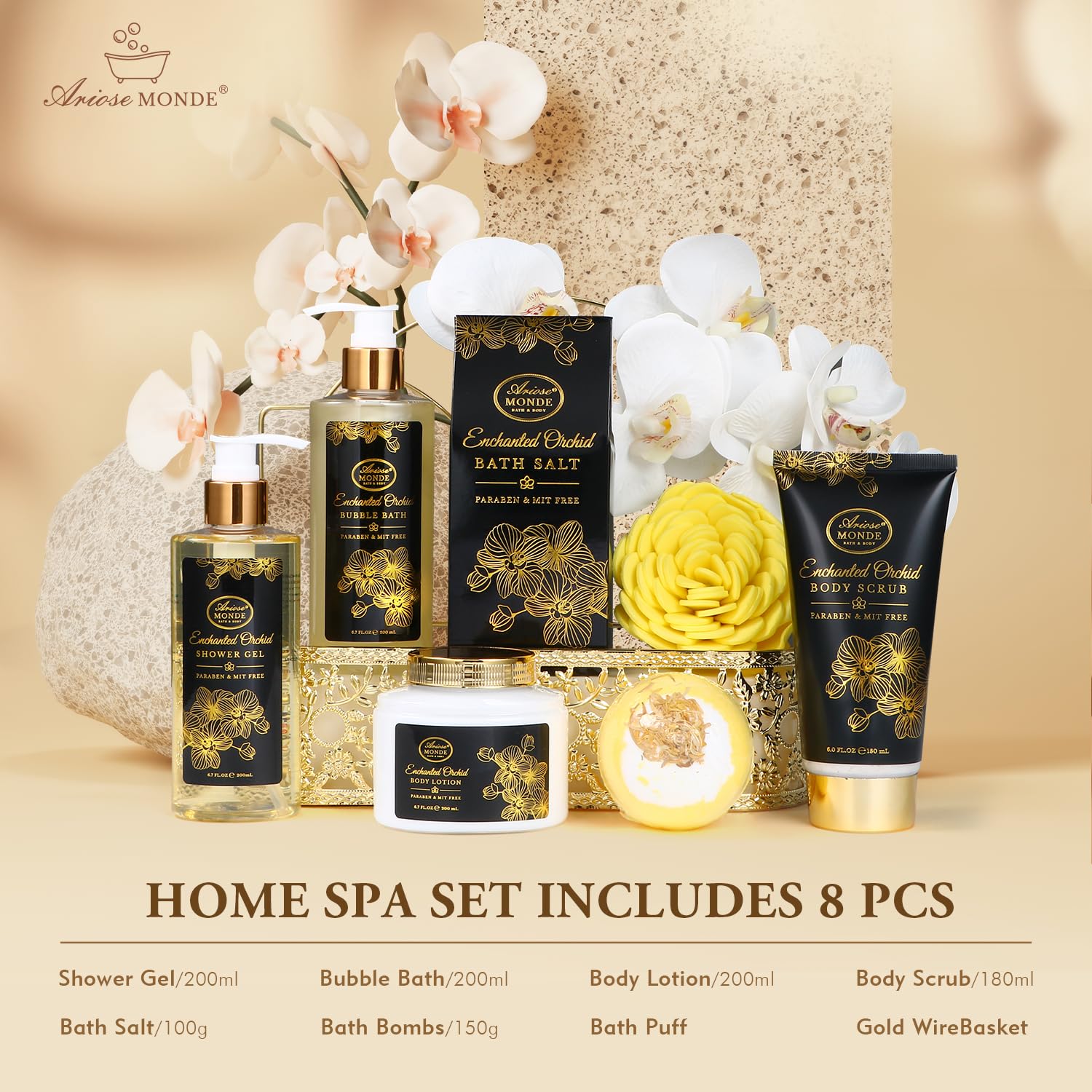 ArioseMonde Enchanted Orchid shower gel bottle showcasing nourishing formula for pampering