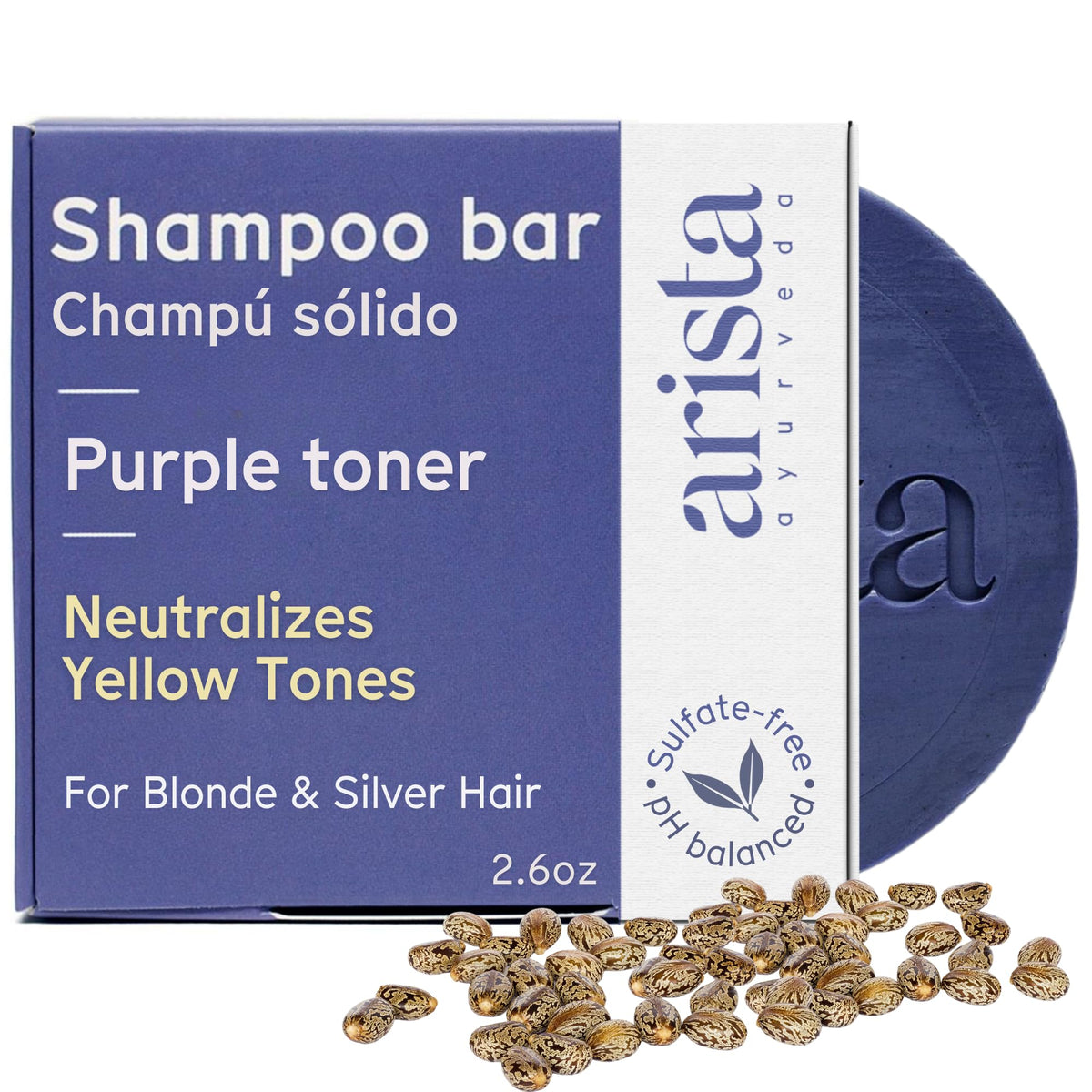 Barra de champú morada de Arista Ayurveda neutraliza tonos indeseados y realza brillo.