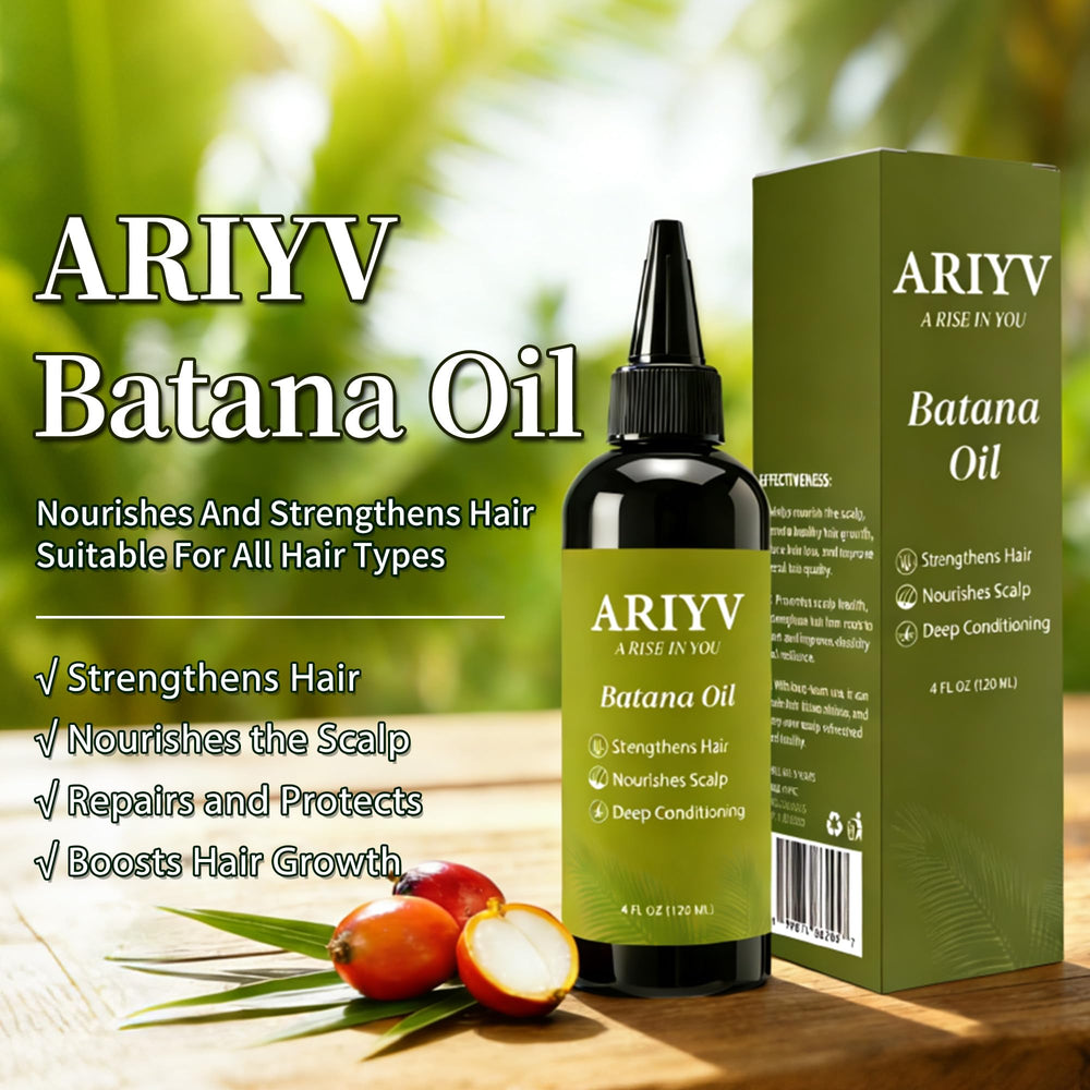 Close-up of the Ariyv Batana Oil label highlighting natural Batana oil ingredients.