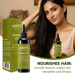 Ariyv Batana Oil applied to hair showing shine and softness.