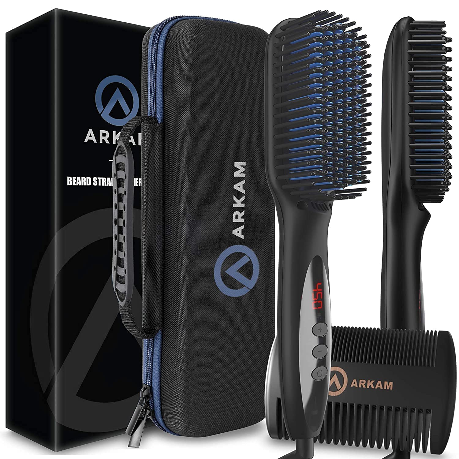 Arkam beard straightener kit open case for organized travel grooming.
