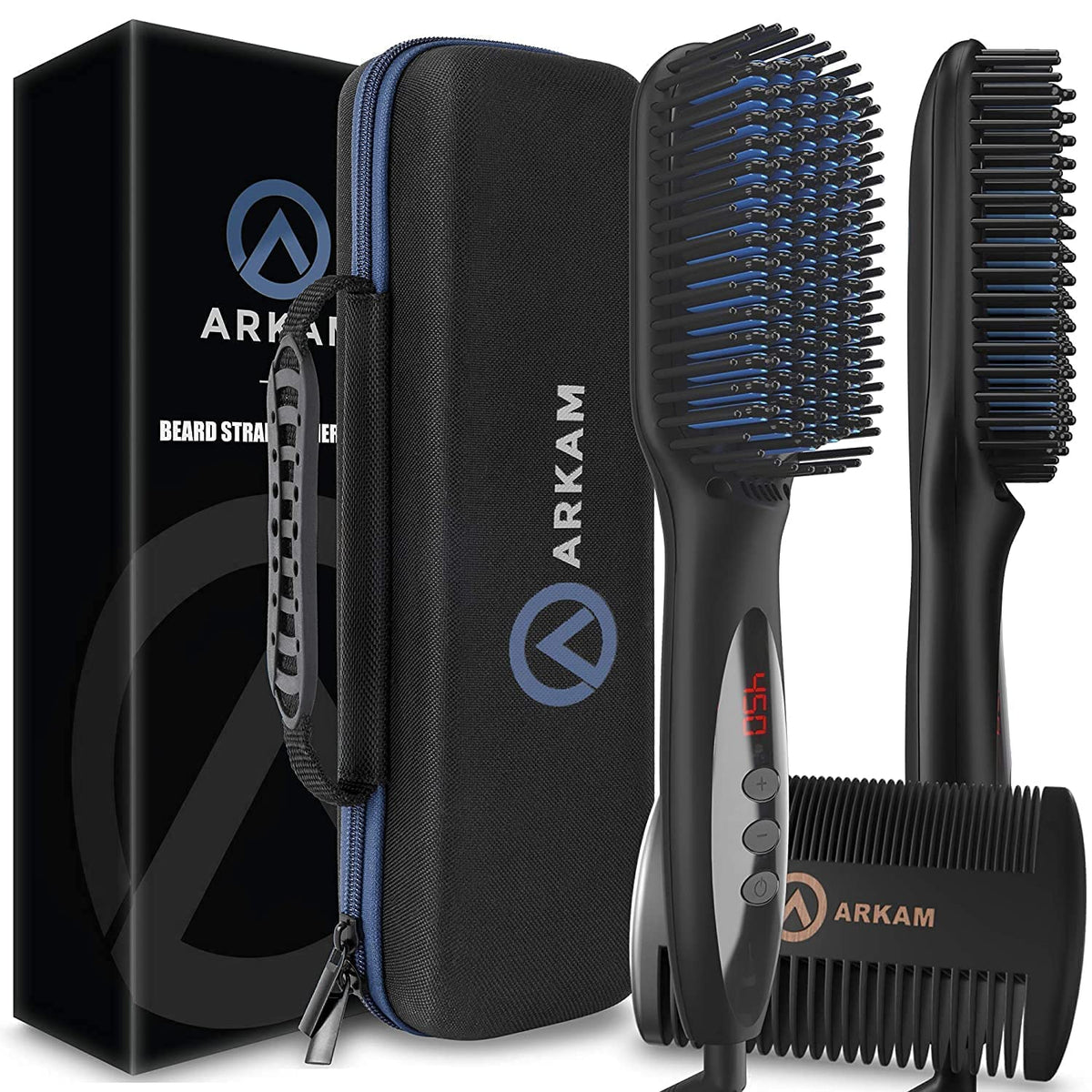 Arkam beard straightener kit open case for organized travel grooming.