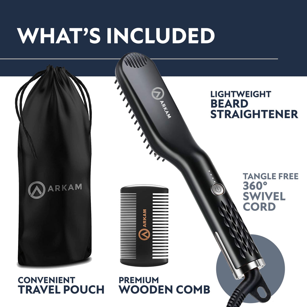 Arkam Beard Straightener with travel bag for on-the-go styling.