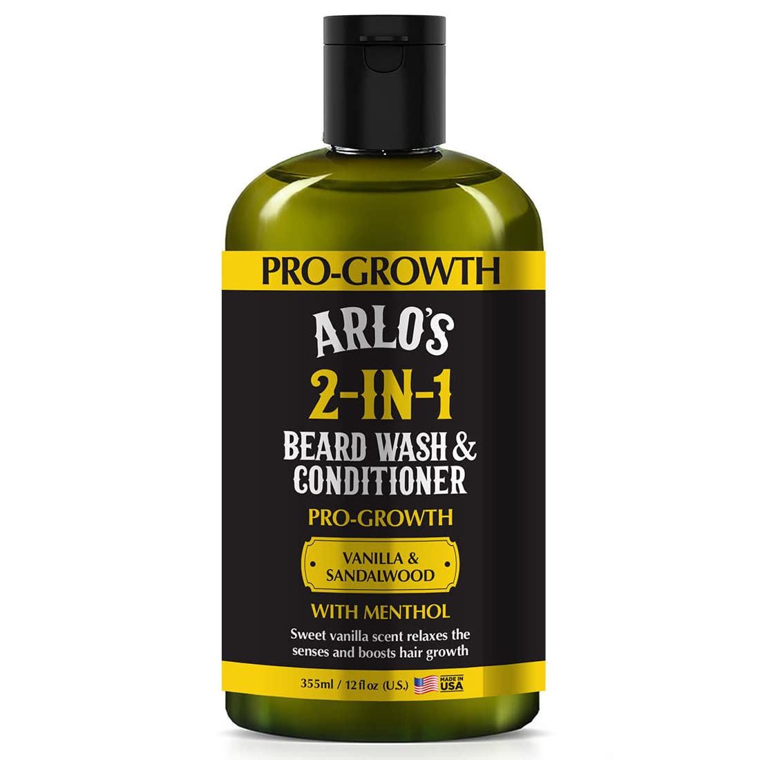 Arlo's Pro-Growth Beard Wash bottle pours vanilla sandalwood for a refreshing cleanse
