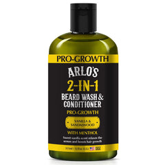 Arlo's Pro-Growth Beard Wash bottle pours vanilla sandalwood for a refreshing cleanse