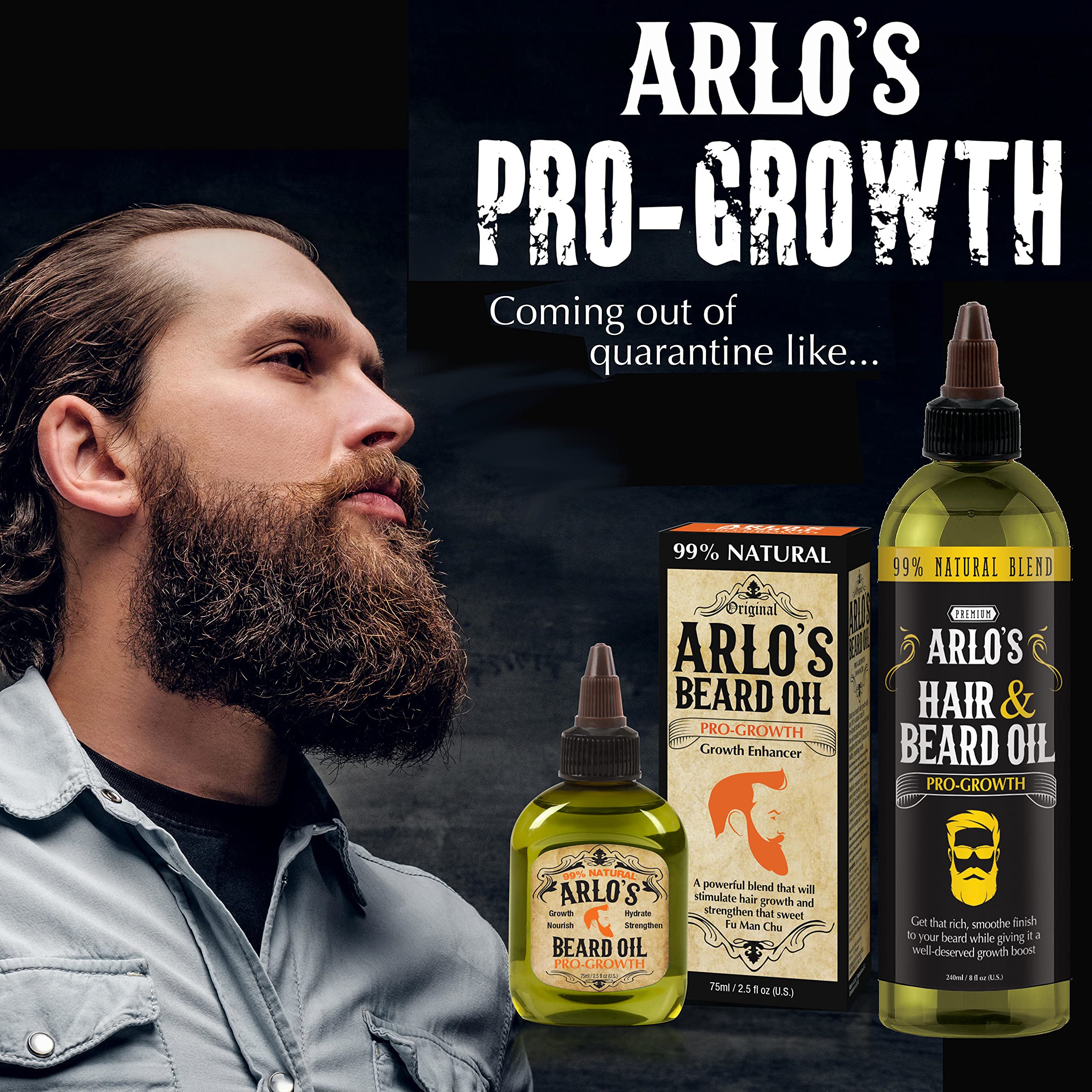 Arlo's Pro-Growth oil on beard and mustache for conditioning and control.