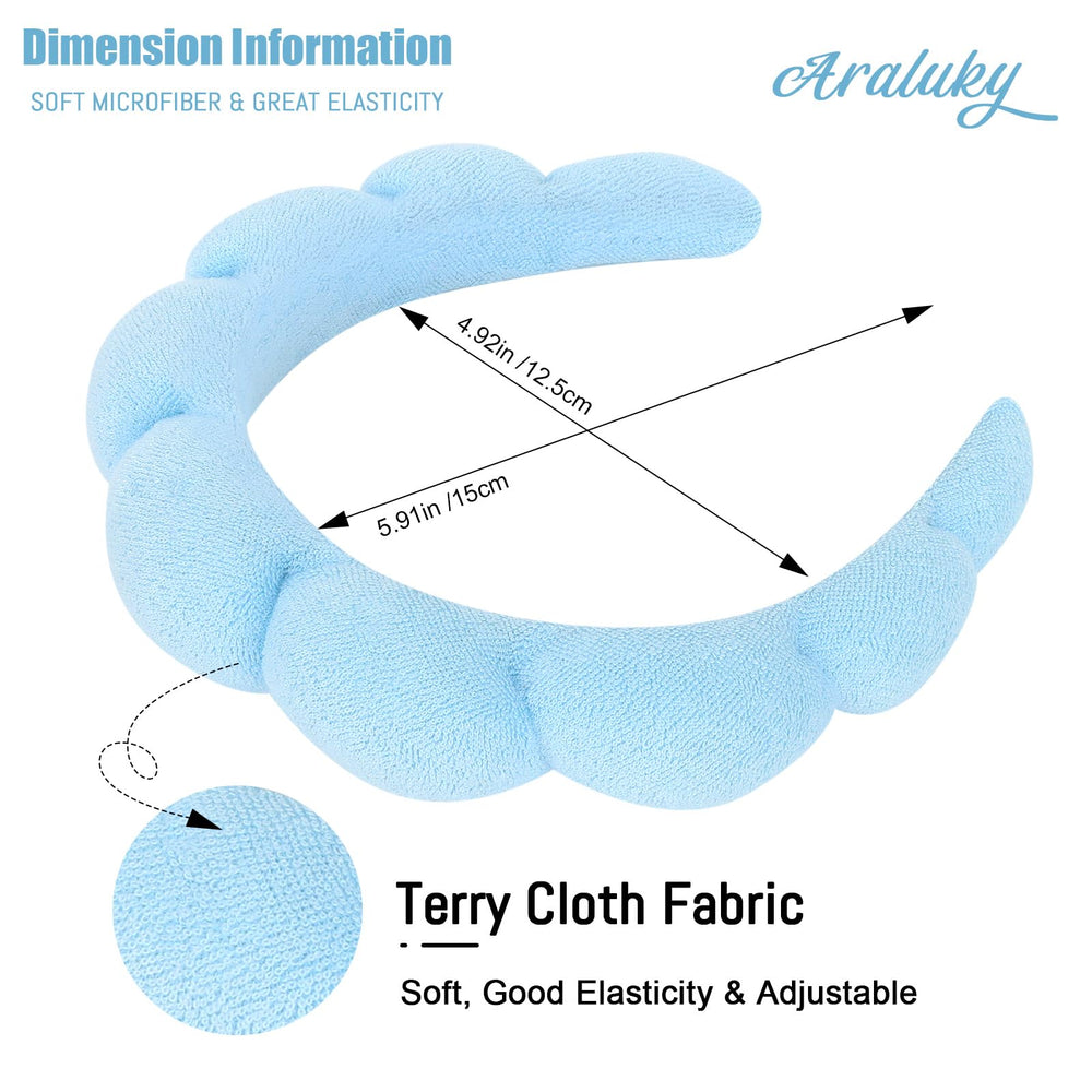 Araluky spa headband close-up shows sponge and terrycloth for absorbent comfort.
