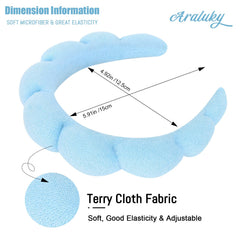 Araluky spa headband close-up shows sponge and terrycloth for absorbent comfort.