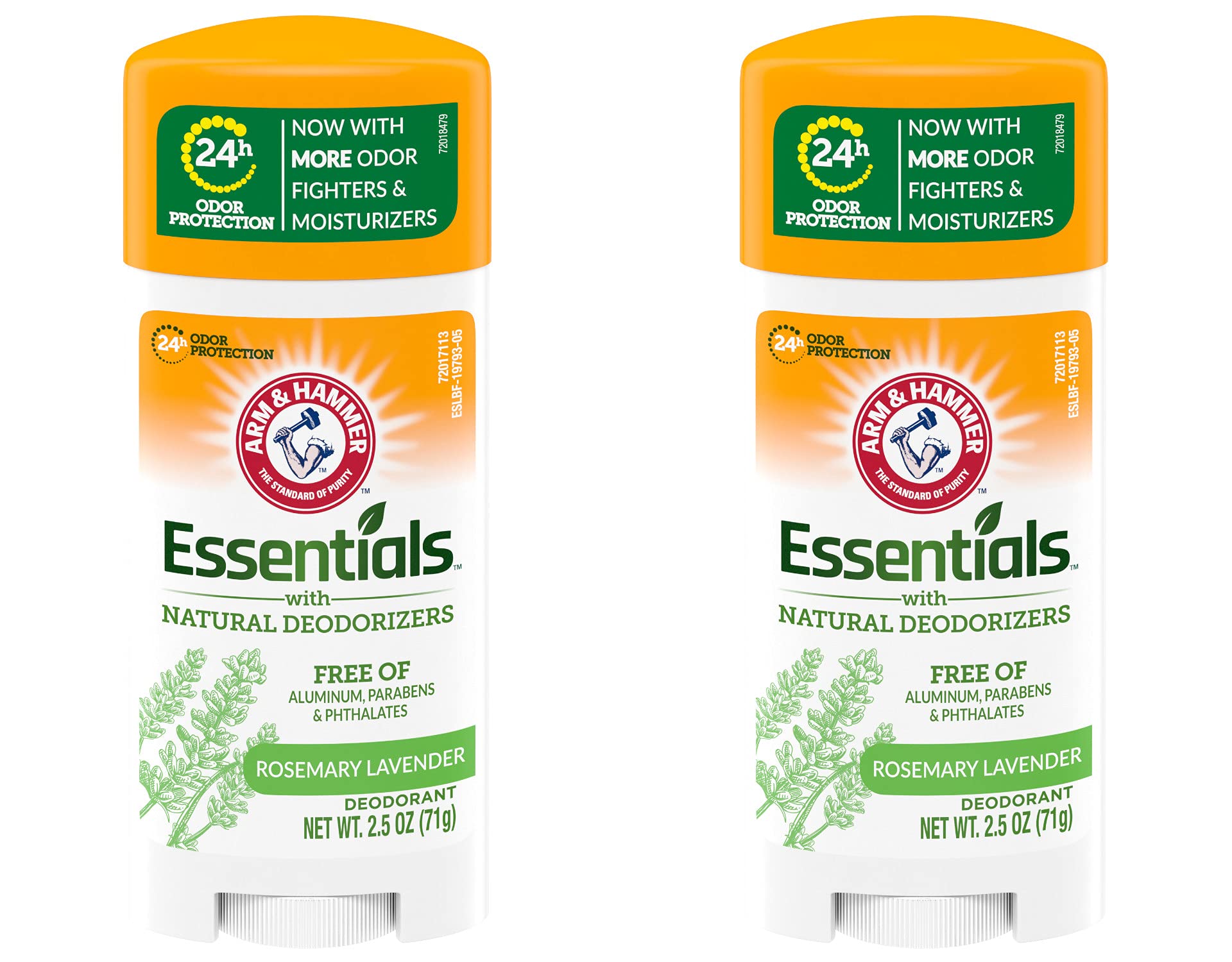 Arm & Hammer deodorant bottle close-up with rosemary lavender scent and aluminum-free protection.