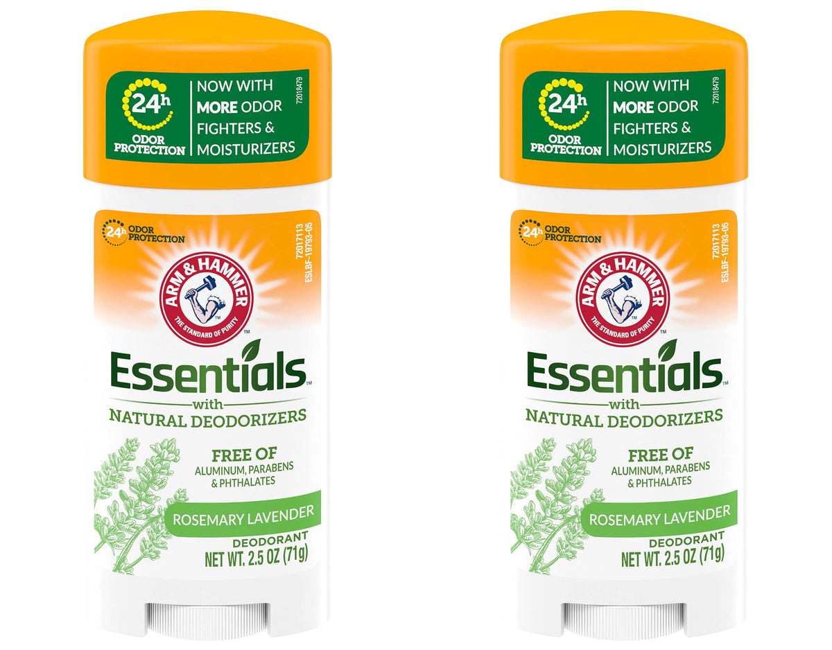 Arm & Hammer deodorant bottle close-up with rosemary lavender scent and aluminum-free protection.