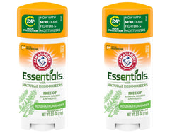 Arm & Hammer deodorant bottle close-up with rosemary lavender scent and aluminum-free protection.