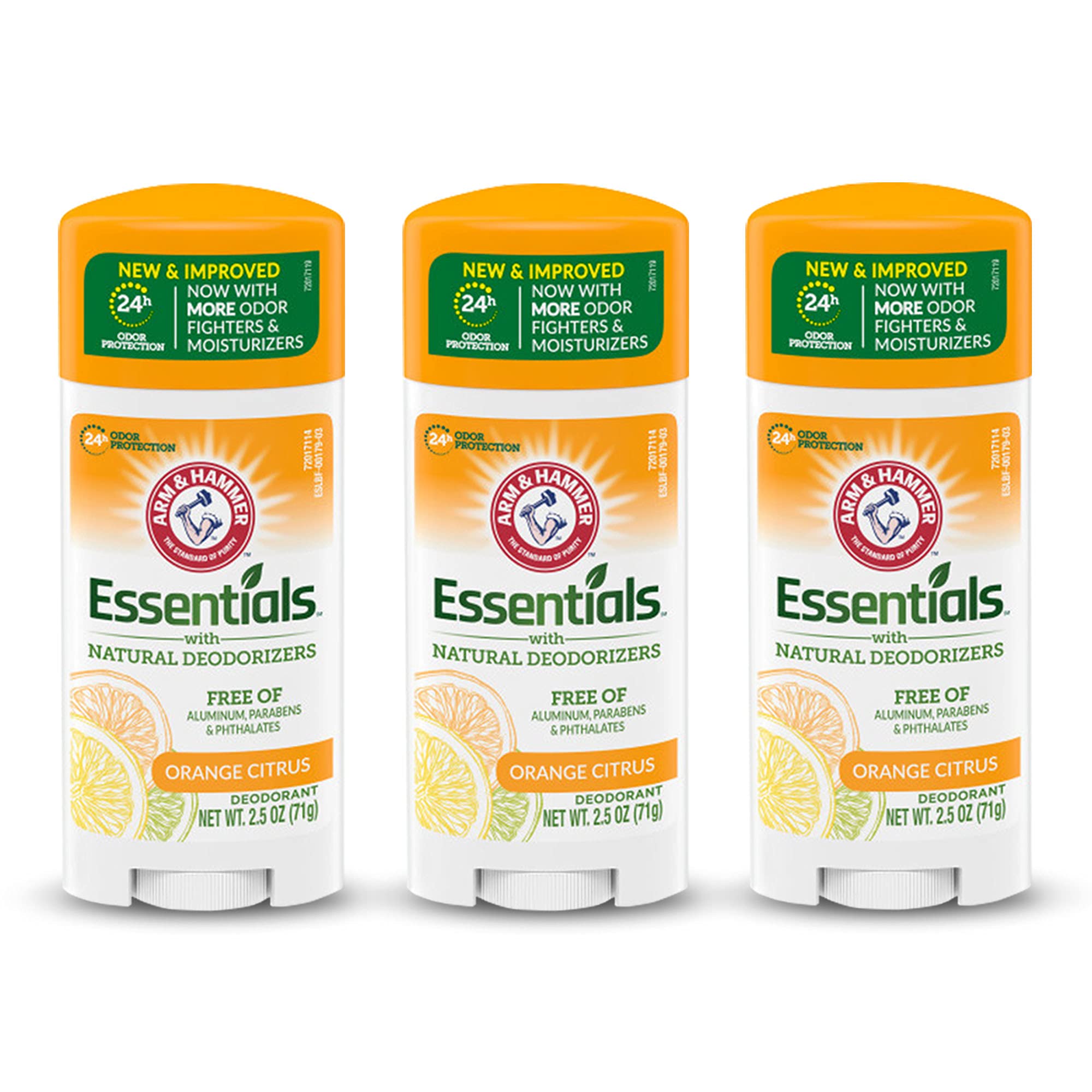 Arm and Hammer Essentials orange citrus deodorant in oval pack; daily freshness.