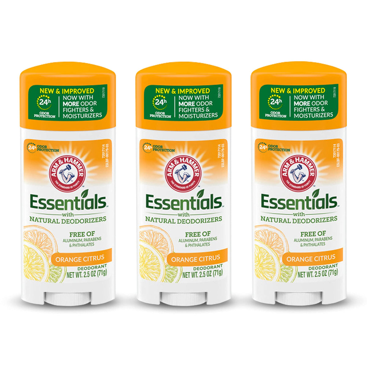 Arm and Hammer Essentials orange citrus deodorant in oval pack; daily freshness.