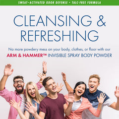 Arm & Hammer Invisible Body Powder Spray clear dry formula leaves no white residue.