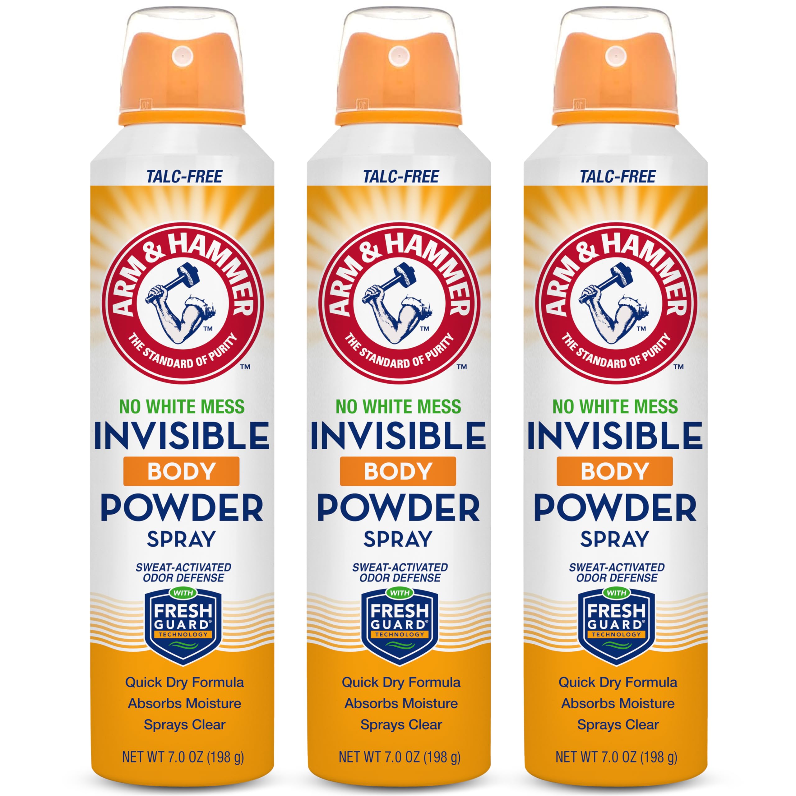 Arm & Hammer Invisible Body Powder Spray packaging shows talc-free design for mess-free use.
