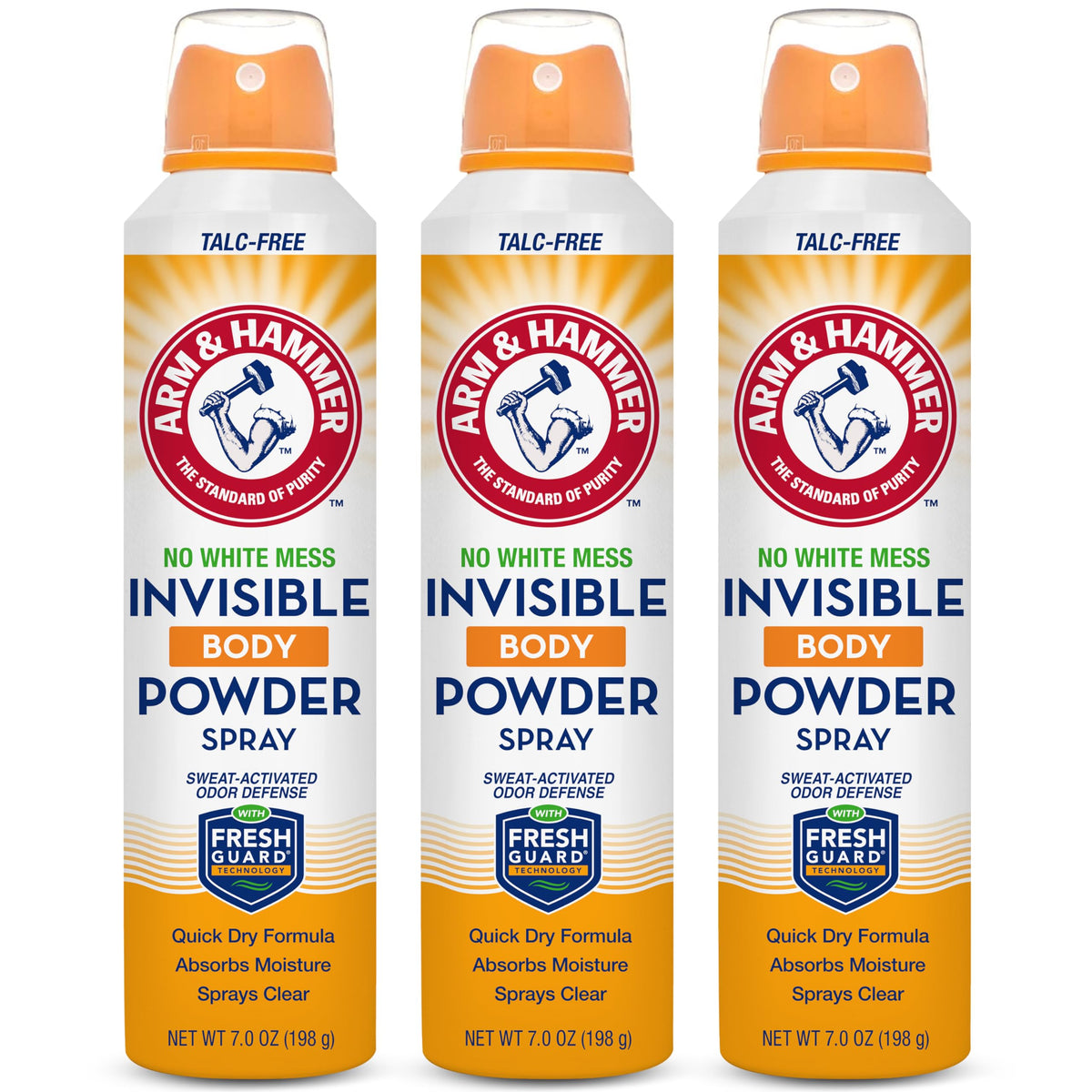 Arm & Hammer Invisible Body Powder Spray packaging shows talc-free design for mess-free use.
