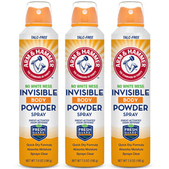 Arm & Hammer Invisible Body Powder Spray packaging shows talc-free design for mess-free use.