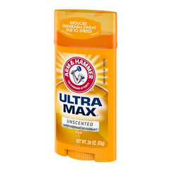 Arm & Hammer Ultra Max unscented label close-up emphasizes baking soda deodorizing power.