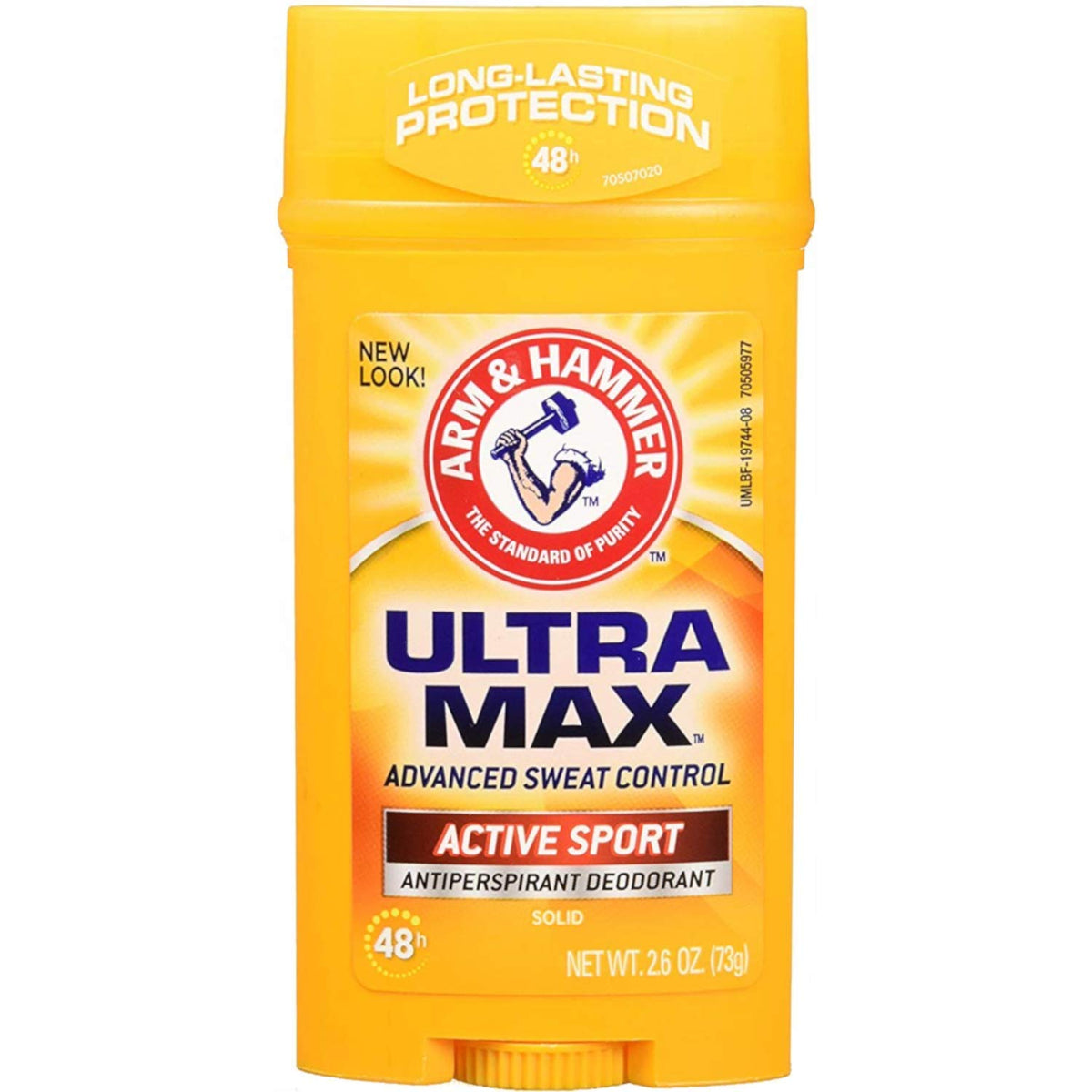 Arm & Hammer Ultramax desodorante sólido Sport, vista frontal, protección diaria duradera para entrenamientos