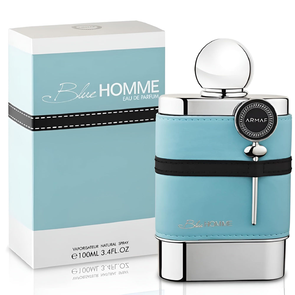 Armaf Blue Homme EDT close-up label highlights citrus and woody notes