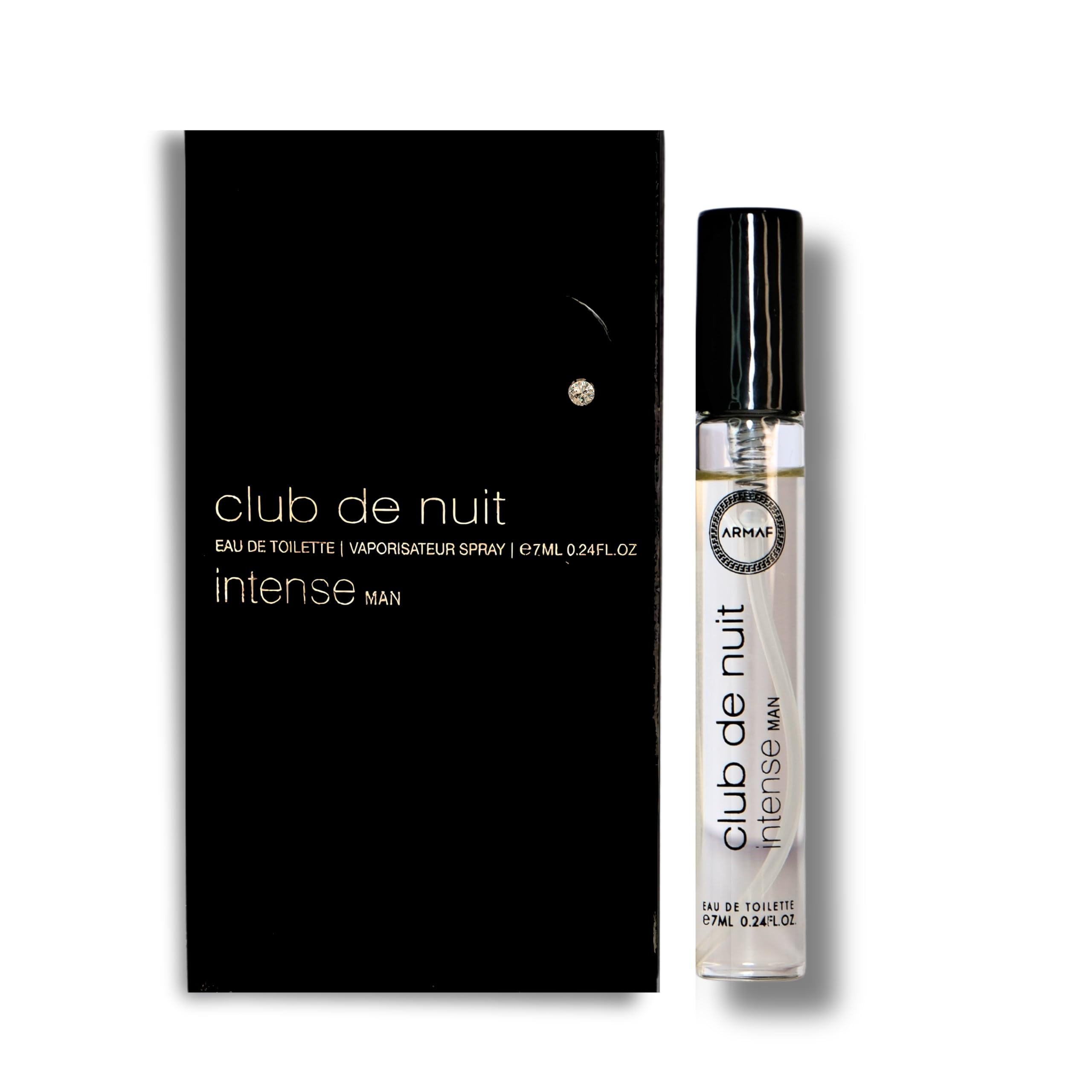 Armaf Club De Nuit Intense vial spray shows compact travel size for on-the-go fragrance.
