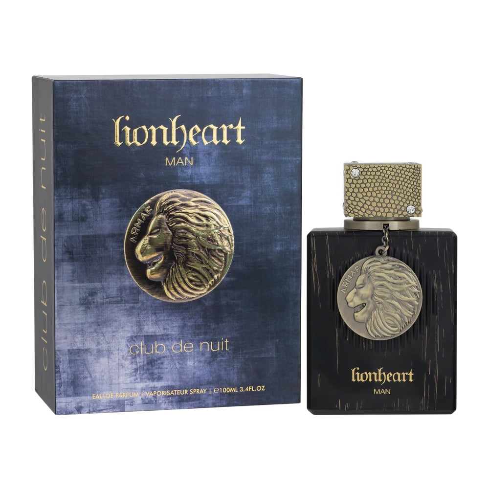 Armaf Club De Nuit Lion Heart bottle side angle showing elegant design for a dressing table look.