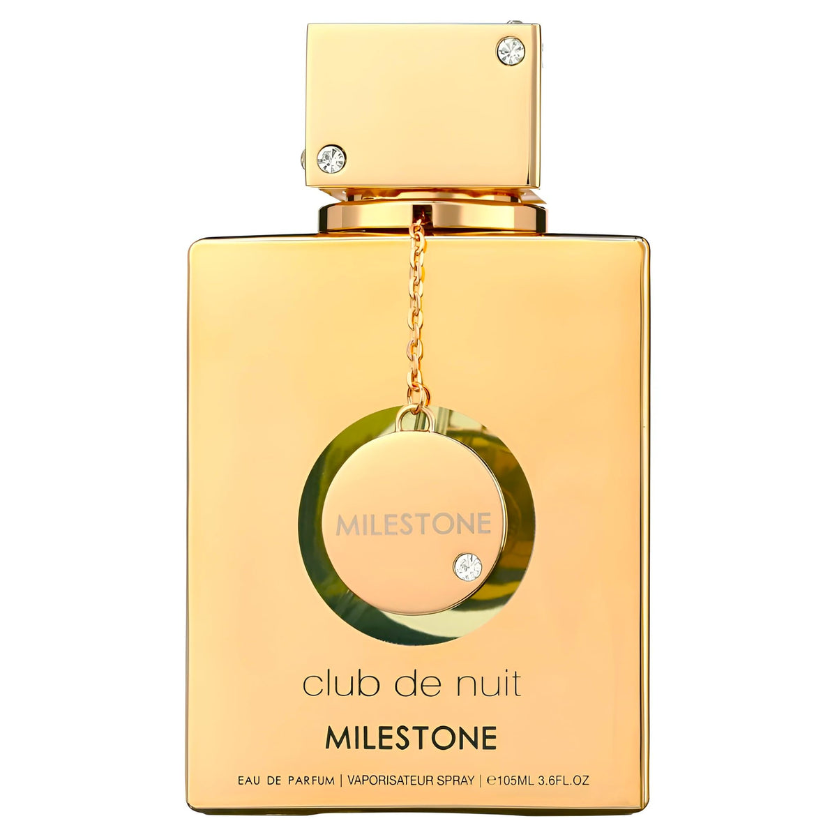 Armaf Club Milestone bottle front view highlights unisex appeal and sleek silhouette.